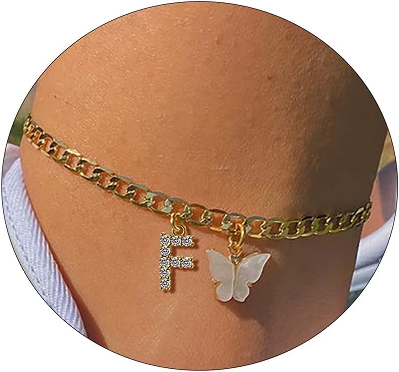 VIROMY 14K Gold Plated Dainty Butterfly Initial Ankle Bracelets Handmade Cuban Chain White Butterfly A-Z Alphabet Letter Initial Anklets Personalized Summer Beach Jewelry Gifts for Women - Image 1